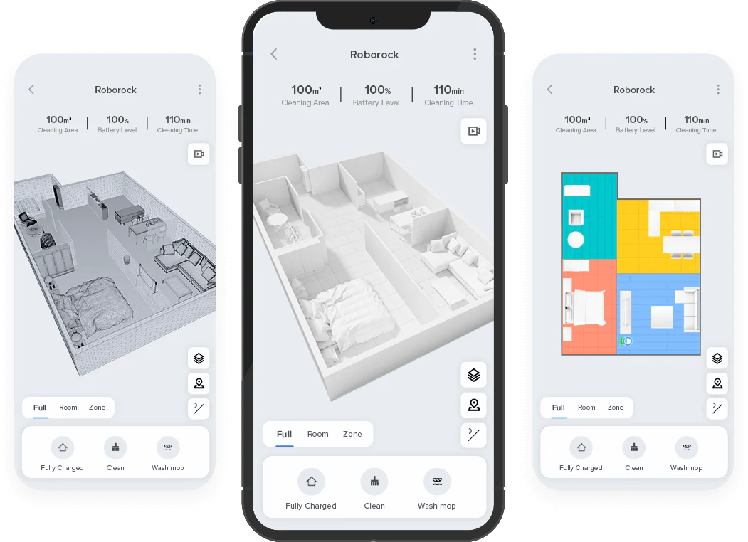 App móvil mostrando un mapa láser de Roborock. Navegación inteligente y mapeo en robots Roborock vs Roomba vs Cecotec